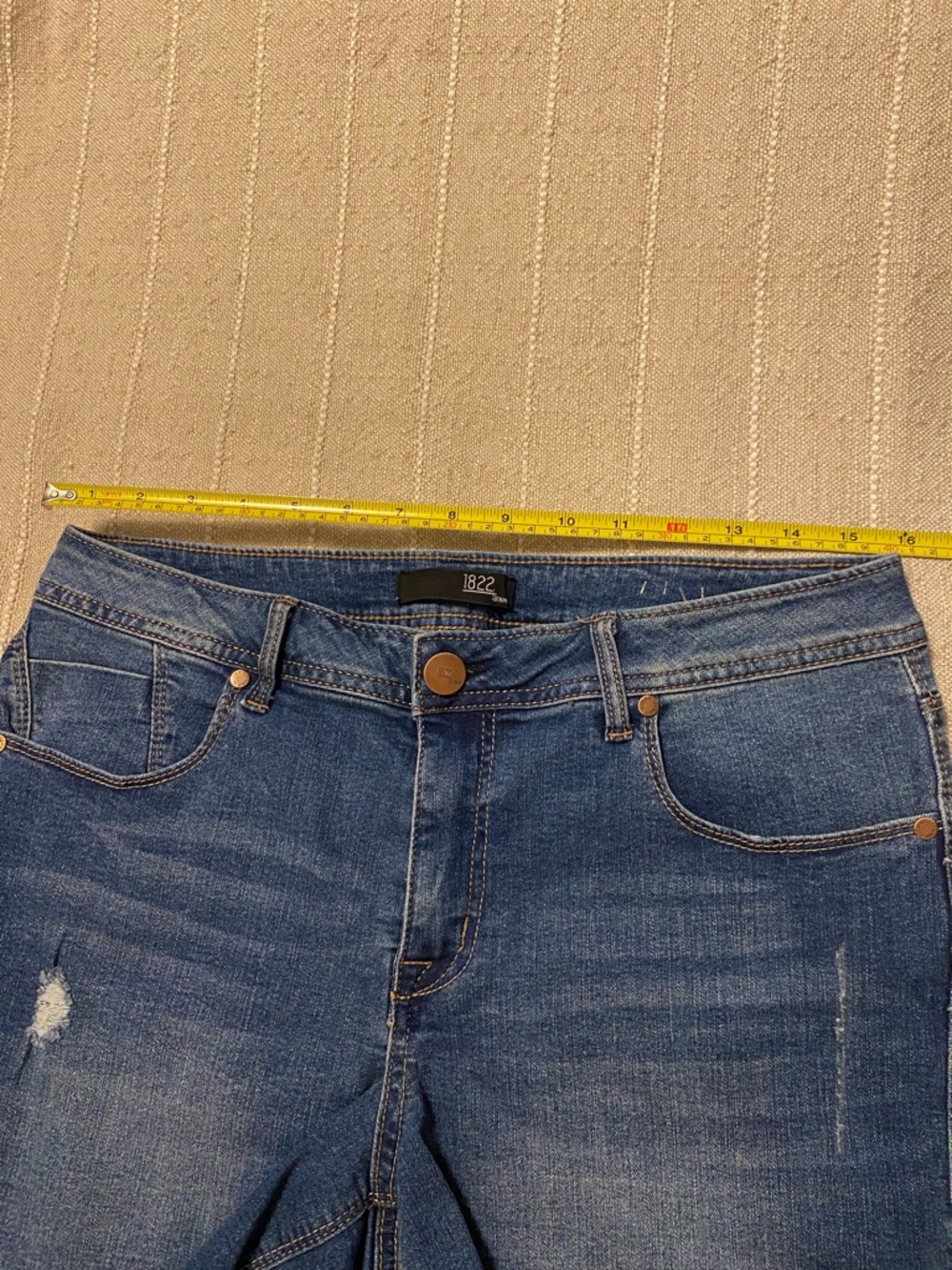1822 Denim Distressed Medium Blue Jean Shorts